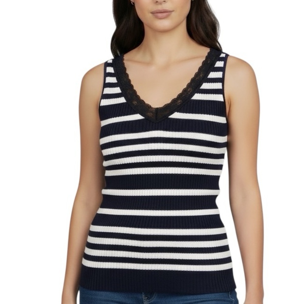New York & Company Navy & White Striped Lace Trim V-Neck Tank